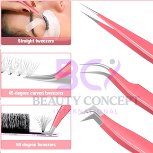 Pince à cils incurvée et volumineuse 3 pièces pointe en fibre rose en acier inoxydable bon vendeur pince à épiler à extension de cils antidérapante - Product Image 5