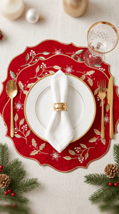 Set de 12 Napperons de Noël Brodés Faits Main Personnalisés, Motif Houx Doré, 100% Polyester, Décoration de Table, 80x120cm - Product Image 3