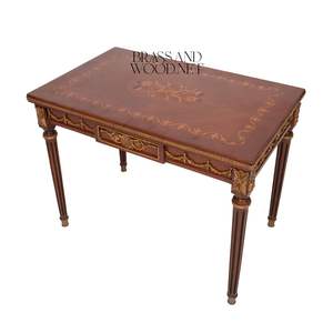 Table basse rectangulaire de luxe en bois avec incrustation florale en marqueterie et guirlandes en laiton doré antique pour salon classique - Product Image 4