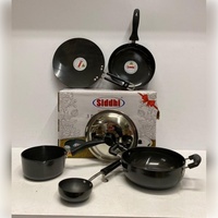 Set Peralatan Masak Aluminium Stainless Steel Lapisan Granit Anti Lengket Hitam Tutup Kaca Gagang Panjang Desain Modern Kompatibel Induksi