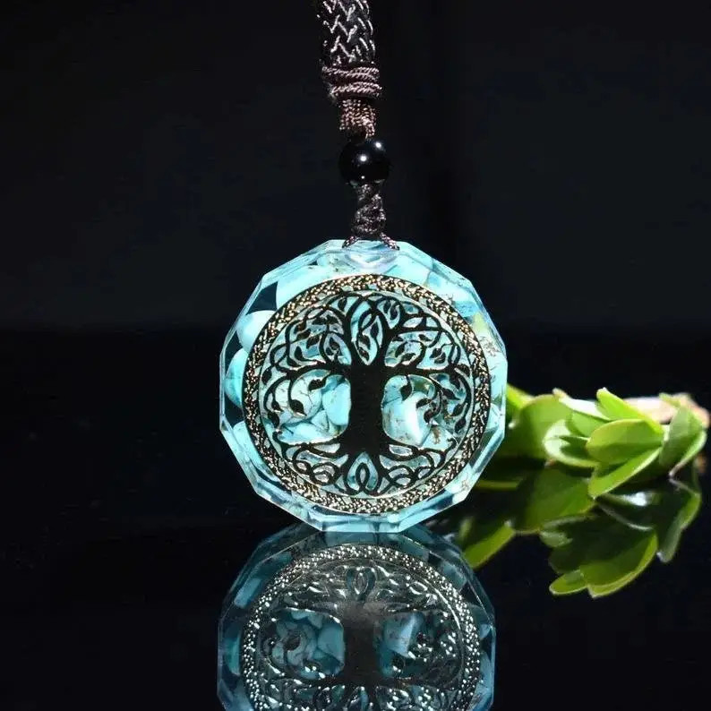 Hayat ağacı orgonit kolye kolye doğal turkuaz kristal şifa kolye-EMF koruma Reiki meditasyon Shri Yantra