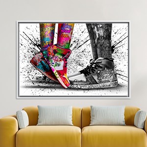Elegant Graffiti Shoes Tempered Glass Art Printed Canvas Decor,WHITE <b>FRAMED</b> CANVAS - Product Image 1