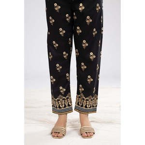 Pantalon évasé noir en cambric imprimé pour femme, taille XL, brodé, taille élastique, manches longues, respirant - Product Image 2