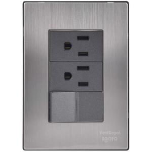 Placa con Interruptor y Doble Enchufe, MXIOO-001, 1 Pieza, 2 Enchufes/Interruptor, 125-250VAC, 10/15A, 50/60Hz, Plateado/Oxford, Acero I - Product Image 1