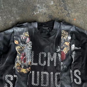 Custom Patchwork Acid Wash <b>Cropped</b> T Shirt For <b>Men</b> Oversized Boxy Fit Cut And Sew Concave Hem Vintage Graphic Streetwear - Product Image 4