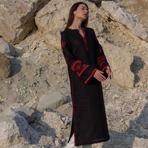 Vestido ucraniano elegante de manga larga para mujer de Verano Indio con cuello en V bordado a mano mangas abullonadas y cinturón-para ropa de playa - Product Image 1