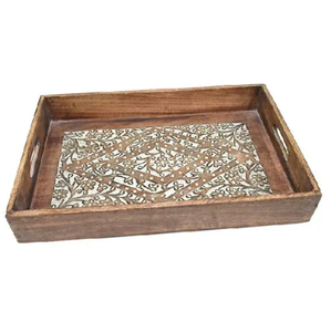 Plateau rectangulaire en bois rustique moderne fait à la main finition polie poignée robuste plateau de service enduit d'émail pour plante de salle à manger de cuisine - Product Image 5