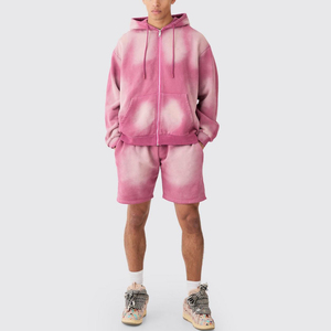 Ensemble de 2 shorts de jogging délavés à l'acide, sweat à capuche à manches longues zippé et survêtement en polaire surdimensionné, style pull-over - Product Image 5