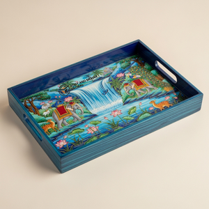 Plateau de service rustique indien en bois foncé biodégradable, incrustation d'art Meena personnalisée, design nordique Viking Longship pour cadeaux - Product Image 1