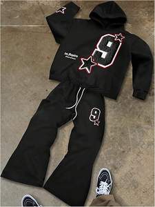 Survêtement de haute qualité avec impression en relief, logo personnalisé, coupe évasée, 100% coton, ourlet brut, pantalon de survêtement à capuche, survêtement pour homme - Product Image 2