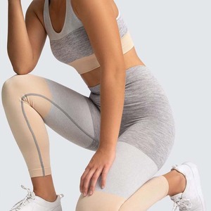 Traje deportivo de punto sin costuras, pantalones de yoga con costuras de contraste, mallas deportivas con sujetador - Product Image 5