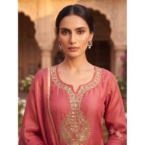 Ensemble Kurta Palazzo 3 pièces en soie brodée à motif uni élégant pour femmes avec dupatta - Tissu satiné Printemps/Été - Product Image 2