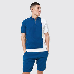 Conjuntos de verano para hombre, Polo con cremallera y pantalones cortos, Color azul y blanco, Manga corta Lisa teñida - Product Image 3