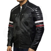 RedBlackLeather jaket untuk pria, jaket kulit domba asli, jaket motor balap, jaket dengan garis merah & putih mencolok