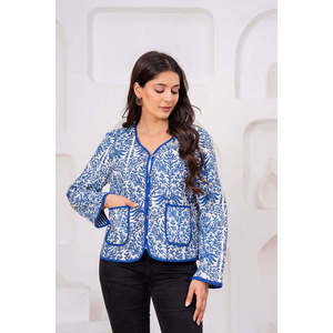 Blue Quilted <b>Jacket</b> Printed Design Autumn/Winter Leather Windbreaker for Ladies Custom Logo Short Length Polyester <b>Sequins</b> - Product Image 2