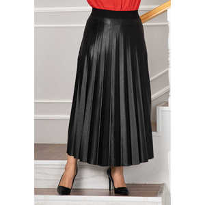 Black Satin Hijab <b>Skirt</b> with <b>Elastic</b> Waistband Pleated and Shiny Feature - Product Image 2