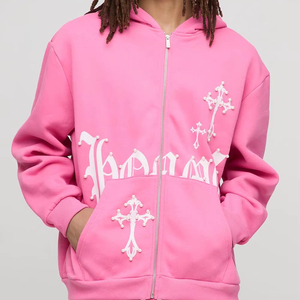 Sweat à capuche rose en coton et polyester de haute qualité avec fermeture éclair pour hommes unisexe sérigraphie avec des pierres sweats à capuche personnalisés en gros - Product Image 1