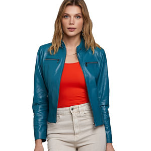 Chaqueta de Motociclista Azul Personalizada, Chaqueta de Cuero Estilo Rock para Mujer, Etiqueta Privada, Logotipo Personalizado, Largo Regular, Transpirable e Impermeable - Product Image 1