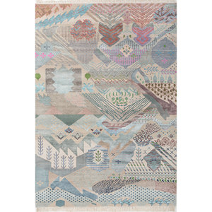 Tapis Manchaha en laine et soie de bambou noué à la main, 10 mm, rectangulaire, pour couloir, design abstrait fait main, patchwork - Modèle Les-2511 pour la maison - Product Image 1