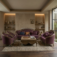Ensemble de canapés classiques européens en velours violet sur mesure avec cadre doré sculpté et table basse pour projets de villas et d'hôtels
