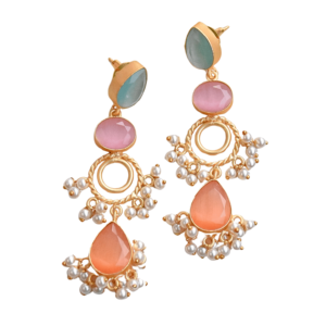 Boucles d'oreilles longues Laxmi Jewellers plaquées or avec pierres naturelles et cristaux, bijoux fantaisie pour femmes, boucles d'oreilles tendance - Product Image 1