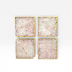 Soft <b>Pink</b> Rose Quartz Square <b>Coaster</b> Set with Gold Trim Elegant Stone <b>Coasters</b> for Luxury Home Decor - Product Image 1
