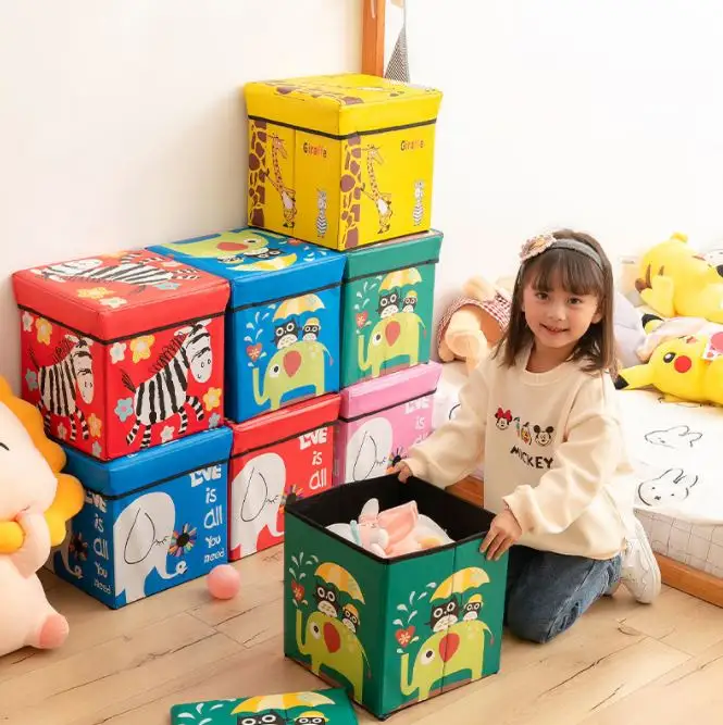 صندوق ألعاب أطفال بتصميم رسوم كرتونية مزود بأشكال حيوانات مع غطاء قابل للتعليق على بعضه وتصميم منظم صناديق التخزين