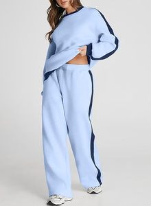 ชุดลำลองผู้หญิงแบบ 2 ชิ้น ผ้าฟลีซ ระบายอากาศดี สีเรียบง่าย ตัดต่อสี ชุดอยู่บ้านเข้าชุดกัน พร้อมโลโก้แบบกำหนดเอง ลายเรียบ - Product Image 5