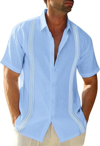 เสื้อเชิ้ตลำลองแขนสั้นลายสก็อตสำหรับผู้ชาย, เสื้อเชิ้ตลำลองแขนสั้นผ้าฝ้ายลินินสไตล์คิวบา - Product Image 6