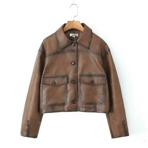 American Retro Vintage Femme Gradient Brown PU Jacket Full Sleeve Single-Breasted Button Coat Loose Short Sheep Skin Canvas - Product Image 4