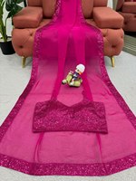 Sari en soie viscose Georgette rouge de style indien et pakistanais, avec broderies lourdes, prêt à porter, pour femmes, toutes saisons, pour fêtes et festivals