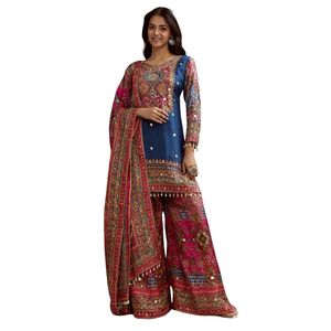 Abito blu stampato Kurta Palazzo con pizzo e paillettes Dupatta all'ingrosso donna abbigliamento etnico OEM fabbrica alla rinfusa - Product Image 1