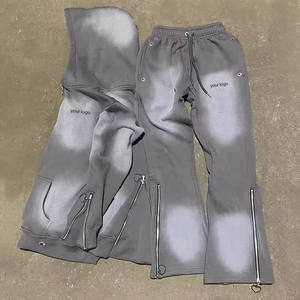 Conjunto de pantalones de chándal acampanados con capucha y lavado ácido desgastado para correr personalizados unisex, chándal en blanco con bordado de algodón de gran tamaño - Product Image 5