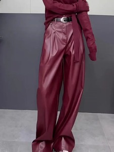 Automne femmes vin rouge jambe large pantalon longueur de plancher en cuir Pu pantalons longs décontracté Streetwear taille haute coupe ample Cargo pantalon - Product Image 5