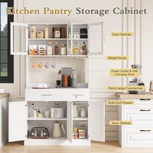 Buffet de cuisine en <span class=keywords><strong>bois</strong></span> blanc style ferme, meuble de rangement avec portes vitrées et espace de rangement pour café, vente en gros - Product Image 1