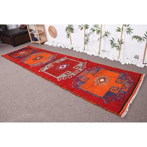 Alfombra tradicional de lana roja y naranja de 3x11,3 pies con diseño de retazos para decoración turca Vintage nuevo rectángulo con respaldo de látex de 10mm - Product Image 1