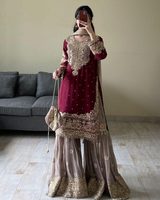 Conjunto de Diseño Georgette con Bordado de Lentejuelas y Espejos, Estilo Vintage, Transpirable, de Malla Sólida, Top, Sharara y Dupatta para Adolescentes