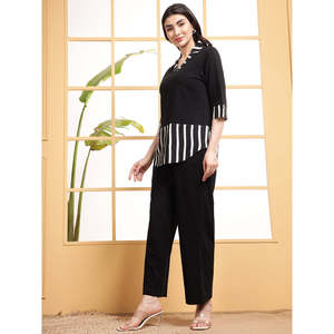 Deebaco Women's Cotton Black Striped Co-Ord Set Casual Crepe <b>Top</b> With Ankle Length Trousers Western Summer Two Piece Outfit - Product Image 4