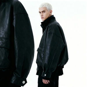 Veste en cuir véritable pour homme tendance avec col, grande taille, fermeture éclair, logo personnalisé, streetwear d'hiver pour hommes et femmes - Product Image 6