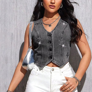 Veste en jean sans manches grise pour femme, motif à pois, ourlet irrégulier, coupe ajustée, boutonnée, décontractée, respirante, en coton, broderie matelassée - Product Image 1