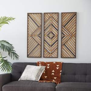 Decoración de pared de madera con diseño geométrico de listones, juego de 3, 12 pulgadas de ancho, 35 pulgadas de alto, marrón, arte de pared de madera hecha a mano en Sheesham. - Product Image 2