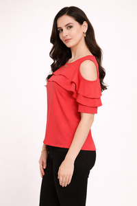 Camiseta Elegante de Diseño para Mujer, Marca Shoryam, Color Rosa, Hombros Descubiertos, con Volantes, Estilo Formal, Crepé, Secado Rápido |   Calidad de Exportación - Product Image 2