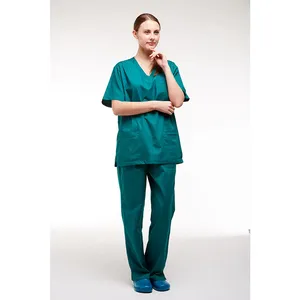 Ensemble de blouses médicales unisexes personnalisées à col rond et fermeture éclair, respirantes et confortables, en denim, avec logo personnalisé - Product Image 5