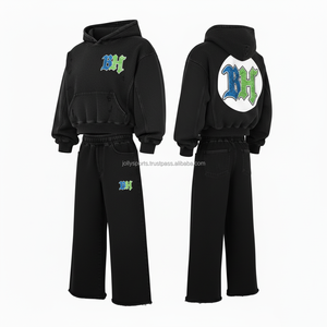 Heavy 380 GSM Chándal de algodón cepillado Sudadera con capucha negra de gran tamaño y pantalones de pierna ancha Chándal de estilo bordado con logotipo personalizado - Product Image 4