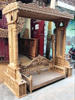 Canapé d'extérieur en bois sculpté à la main, style ferme moderne, avec cadre en pilier et coussin imprimé couleur intégrale imperméable 3 places