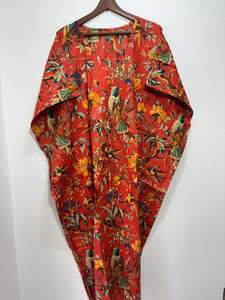 Vêtements de nuit d'été en coton Kaftan imprimé d'oiseaux floraux Longueur du sol Robes décontractées Couverture de plage bohème Vêtements de nuit naturels - Product Image 3