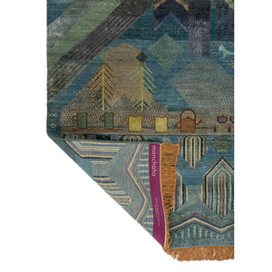 Tapis Manchaha bleu noué à la main en laine, soie de bambou et coton biologique, motif patchwork pour la maison, le salon, le couloir, en jute - Product Image 5