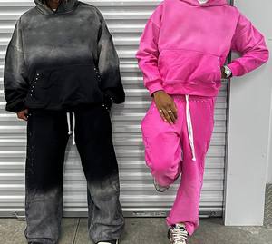 Streetwear personnalisé Boxy Fit Distressed Embroidery Sun Faded Acid Wash Zip up Rhinestone Men Hoodie Ensemble 2 pièces - Product Image 3