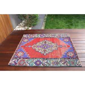 3x3.7 ft Rug, Turkish Vintage Rug, <b>Red</b> Ikat <b>Wool</b> Rug - Product Image 3