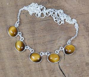 Handmade 5 Stone Tiger Eyes 925 Sterling Silver Link <b>Chain</b> <b>Necklace</b>-Wedding Engagement Party Birthday Gift Jewelry Women's - Product Image 2